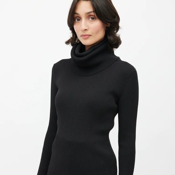 New Celine oversized funnel neck turtleneck ribbed fitted sweater mini dress - Picture 5 of 16